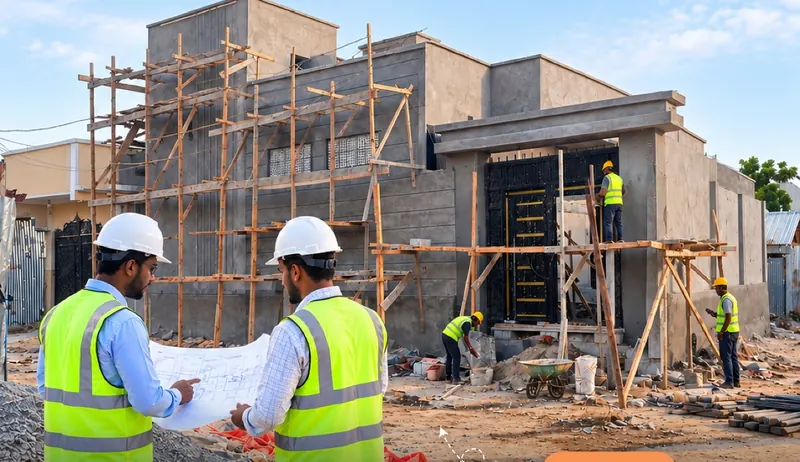 Engineers reviewing plans on site